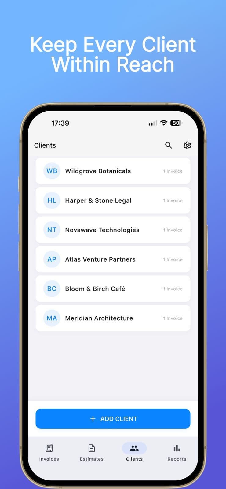 Invofy clients list screen