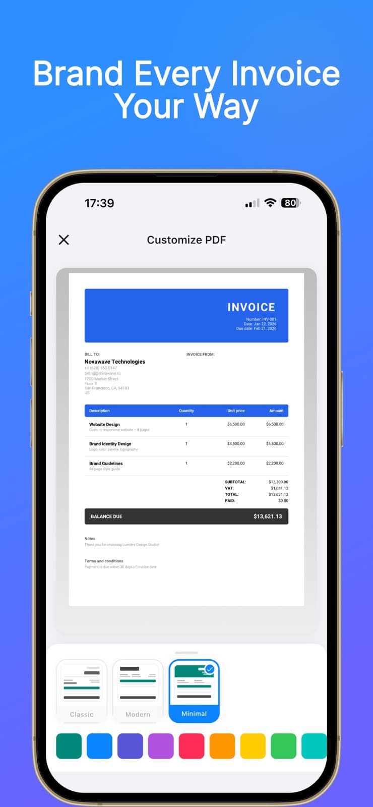 Invofy PDF template customization screen