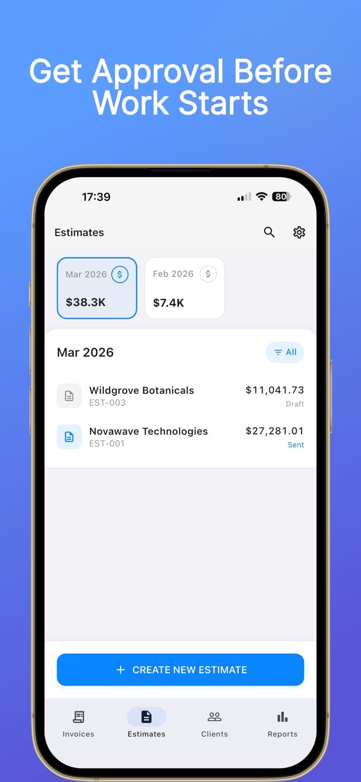 Invofy estimates screen